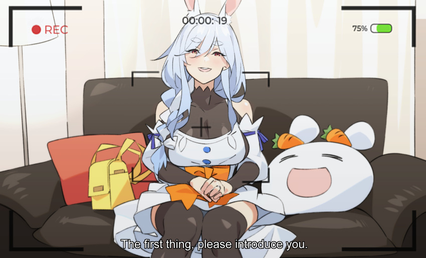 1girl absurdres animal_ear_fluff animal_ears apron battery_indicator blue_hair blush braid breasts casting_couch couch highres hololive hololive_english large_breasts long_hair looking_at_viewer mature_female multicolored_hair on_couch open_mouth pekomama rabbit_ears rabbit_girl rakugaki_shiro recording sitting smile solo teeth thick_eyebrows upper_teeth_only viewfinder virtual_youtuber white_hair