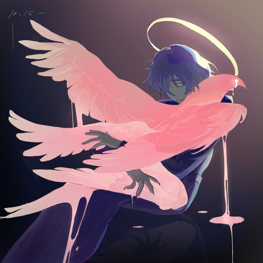 1boy animal bird blue_sclera colored_sclera gradient_background hair_over_one_eye halo hands_up highres holding holding_animal holding_bird looking_at_animal male_focus multiple_wings purple_hair purple_robe reflection robe saibou_shinkyoku short_hair sitting slit_pupils solo utsugi_noriyuki wings yellow_eyes yulei_yuuuuu