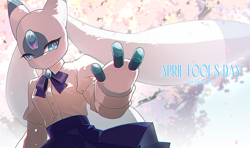 2024 3_fingers anthro april_fools'_day blue_eyes blue_fingers bottomwear bow_tie cherry_blossom cherry_tree clothing day dress_shirt ear_fins fan_character female fin fingers forehead_gem fruit_tree gem head_tails hi_res holidays looking_at_viewer lunaris_(pal) motoiwork mouthless outside pal_(species) palworld palworld!_more_than_just_pals petals plant pocketpair school_uniform shaded shirt skirt solo student title_drop topwear tree uniform waving_hand white_body