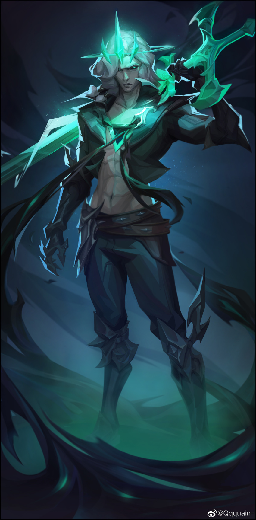 1boy abs absurdres black_footwear black_gloves black_jacket black_pants black_sclera boots colored_sclera cropped_jacket gloves green_eyes grey_hair highres holding holding_sword holding_weapon jacket knee_boots league_of_legends long_hair looking_at_viewer male_focus navel open_clothes open_jacket pants qqquain ruined_(league_of_legends) solo sword viego_(league_of_legends) weapon