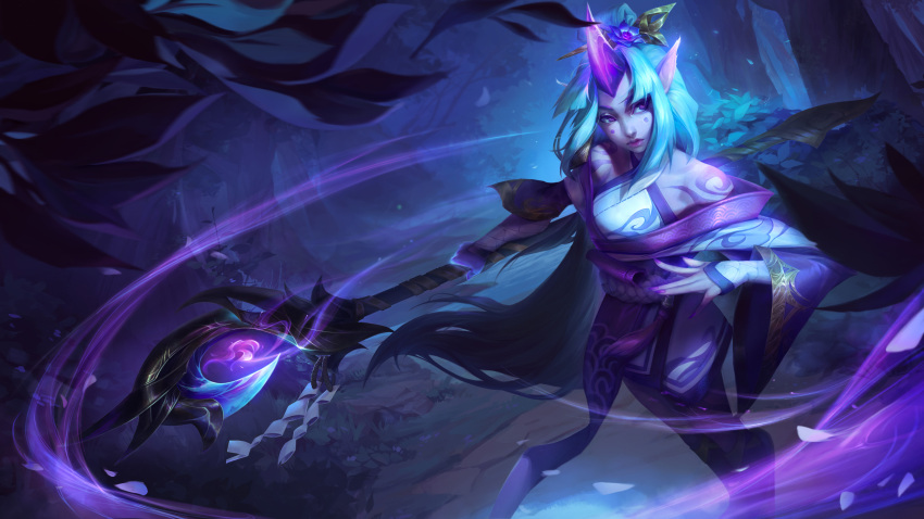 1girl absurdres bare_shoulders bush colored_skin forest green_hair highres holding holding_staff horns japanese_clothes kimono league_of_legends long_hair nature official_alternate_costume outdoors petals pink_horns pink_skin pointy_ears purple_eyes qqquain shiny_skin shoulder_tattoo sideways_glance single_horn solo soraka_(league_of_legends) spirit_blossom_soraka staff tattoo tree