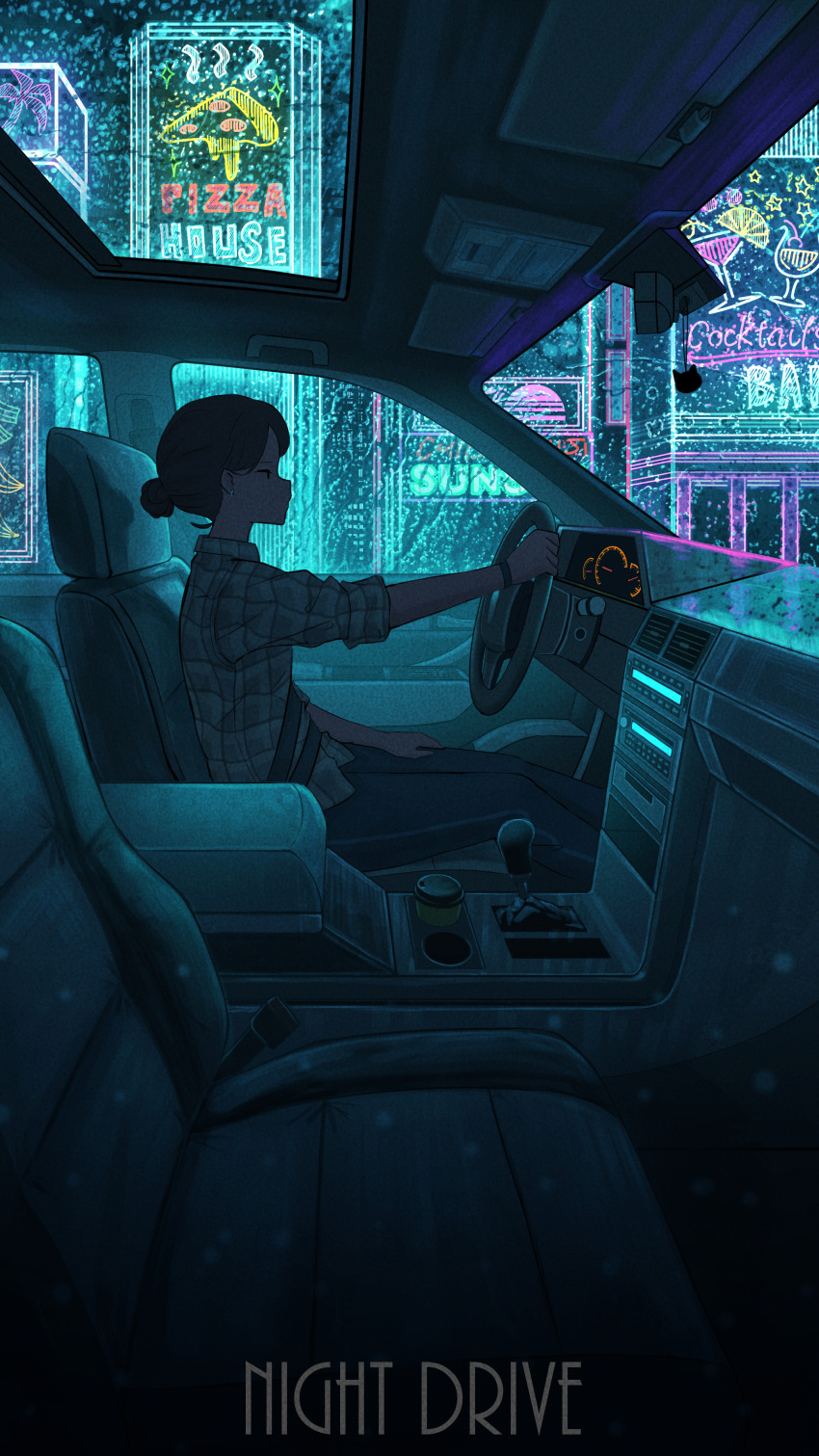 1girl absurdres building car city cyberpunk driving english_text from_side highres motor_vehicle neon_lights night original outdoors pants pasoputi rain scenery shirt short_hair sign sitting solo water_drop