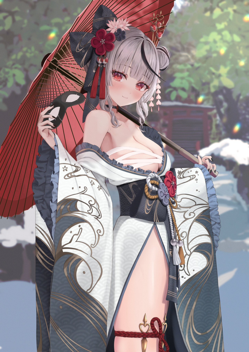 1girl ara1e black_hair blush bow breasts budget_sarashi cleavage grey_hair hair_bow hair_bun highres hololive japanese_clothes kimono large_breasts looking_at_viewer mask multicolored_hair obi off_shoulder official_alternate_costume oil-paper_umbrella red_eyes sakamata_chloe sakamata_chloe_(new_year) sarashi sash short_hair_with_long_locks smile snow solo streaked_hair torii tree umbrella unworn_mask virtual_youtuber wide_sleeves