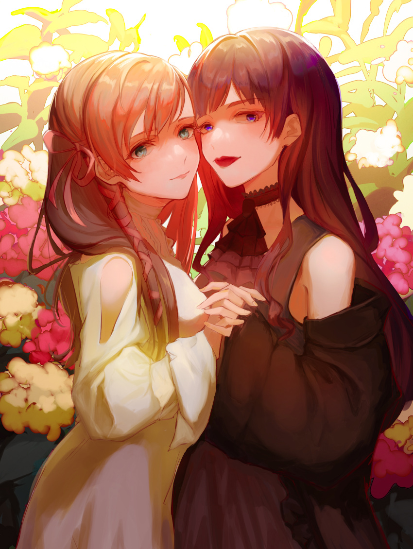 2girls absurdres ascot bare_shoulders black_ascot black_choker black_dress black_hair black_jacket blue_eyes chiku_owo choker dress face-to-face final_fantasy final_fantasy_xiv flower gaia_(ff14) green_eyes hair_ribbon highres holding_hands jacket lace lace_choker lipstick long_hair looking_at_viewer makeup multiple_girls off_shoulder orange_hair pink_ribbon red_lips ribbon ryne_waters smile upper_body white_dress yuri