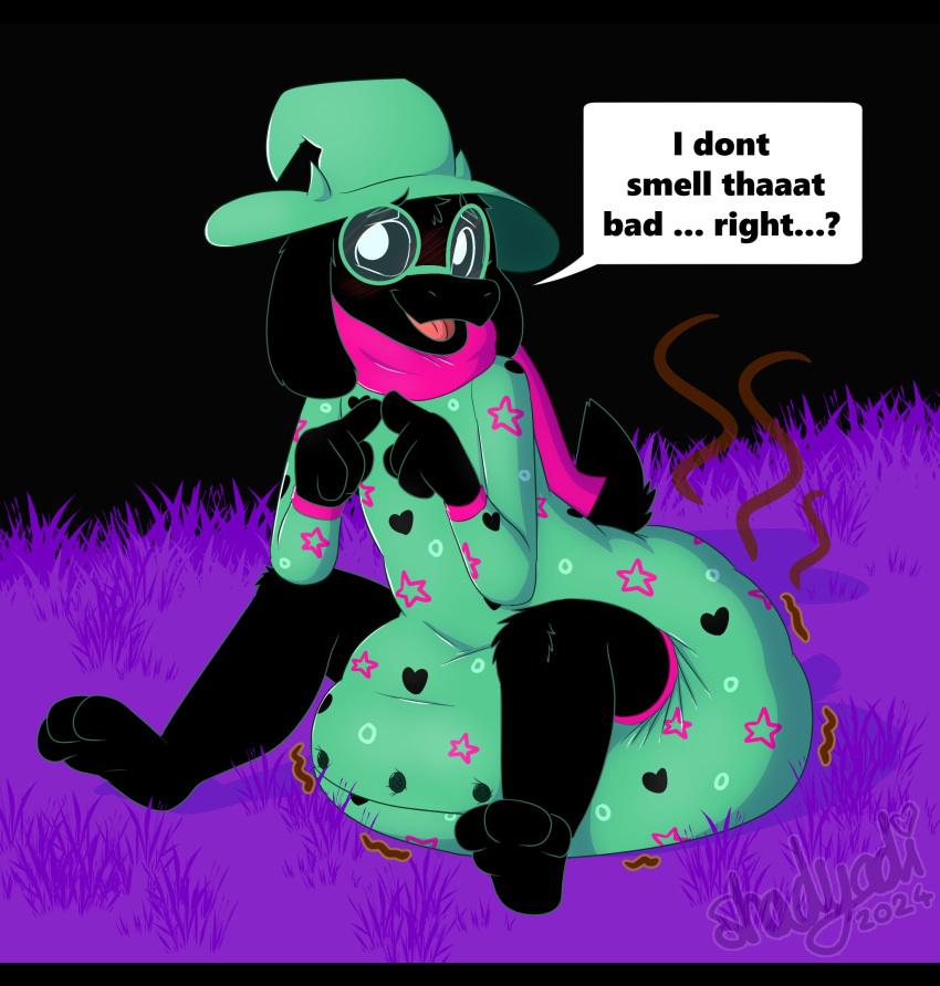 2_horns anthro black_body black_fur blush blush_lines bovid caprine clothing darkner deltarune dialogue diaper diaper_under_clothing eyewear feces fur glasses goat hat headgear headwear hi_res horn male mammal on_ground onesie ralsei scarf shadyadi sitting soiling solo speech_bubble stink_lines talking_to_viewer undertale_(series) witch_hat