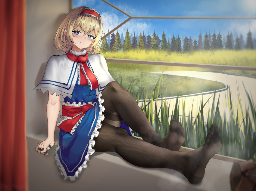 1girl alice_margatroid ascot black_pantyhose blonde_hair blue_eyes blue_nails blue_sky boots capelet cloud curtains day dress feet frilled_dress frilled_hairband frills grass hairband hakurei_fling highres jewelry knees legs nail_polish no_shoes pantyhose path red_ascot red_hairband ring shoes sitting sitting_in_window sky soles solo steaming_body tall_grass toes touhou tree unworn_boots unworn_shoes white_capelet
