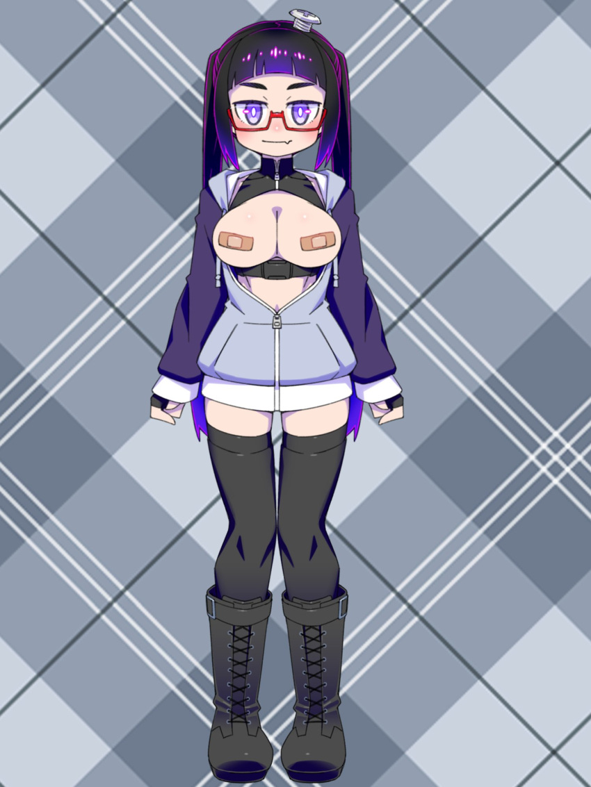 1girl bandaid bandaids_on_nipples black_footwear black_hair black_thighhighs boots breasts breasts_out cannsk chloe_rogil commentary_request fang fingerless_gloves full_body glasses gloves gradient_hair grey_hoodie highres hood hoodie indie_virtual_youtuber large_breasts long_hair multicolored_hair object_through_head pasties plaid plaid_background purple_eyes red-framed_eyewear screw_in_head second-party_source semi-rimless_eyewear skin_fang solo thighhighs turtleneck twintails two-tone_hoodie under-rim_eyewear virtual_youtuber