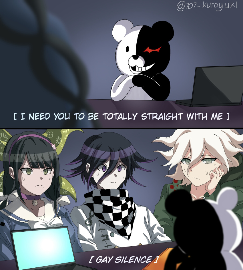 1girl 2boys 707_kuroyuki bell black_hair chabashira_tenko checkered_clothes checkered_scarf choker commentary computer danganronpa_(series) danganronpa_2:_goodbye_despair danganronpa_v3:_killing_harmony desk english_text flipped_hair green_eyes hair_between_eyes highres komaeda_nagito laptop long_hair looking_at_another low_twintails meme monokuma multiple_boys neck_bell nervous_sweating oma_kokichi pink_choker purple_eyes purple_hair scarf short_hair sitting subtitled sweat twintails twitter_username wavy_hair white_hair