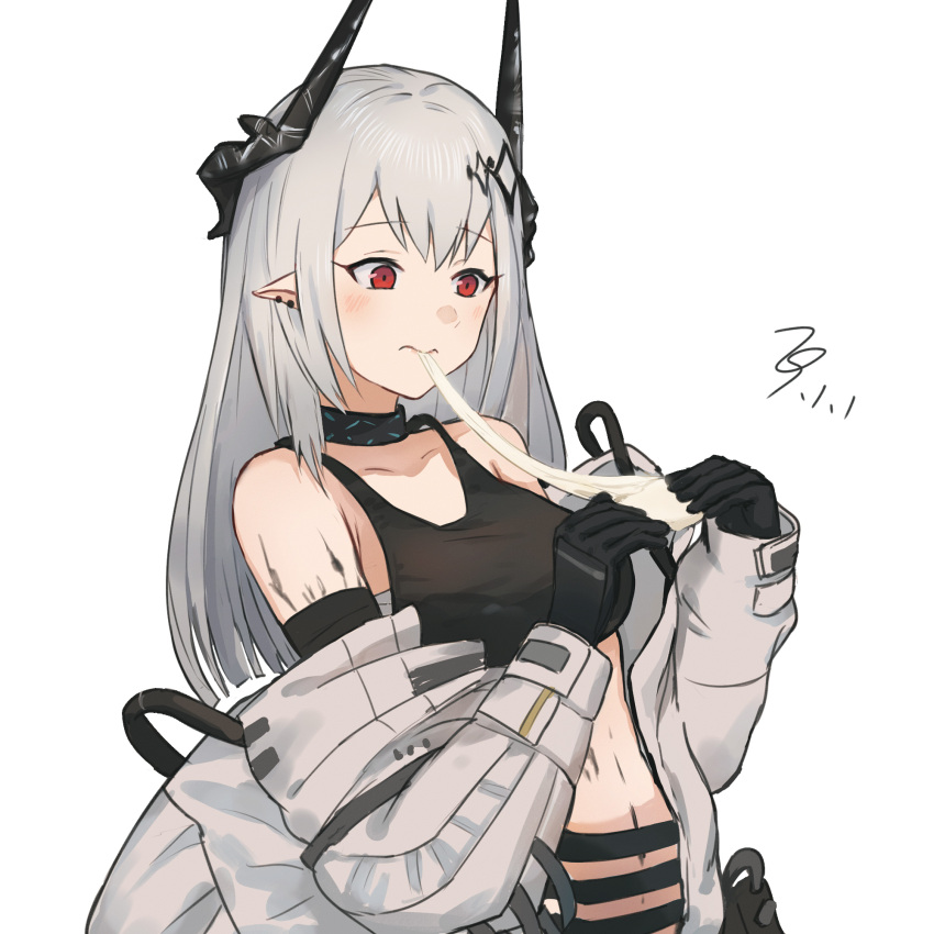 1girl arknights bare_shoulders black_gloves black_horns black_sports_bra closed_mouth ear_piercing food gloves grey_hair grey_jacket hands_up highres holding holding_food horns infection_monitor_(arknights) jacket long_hair long_sleeves looking_down material_growth mudrock_(arknights) mudrock_(elite_ii)_(arknights) off_shoulder open_clothes open_jacket oripathy_lesion_(arknights) orlijiang piercing pointy_ears red_eyes simple_background solo sports_bra upper_body wavy_mouth white_background