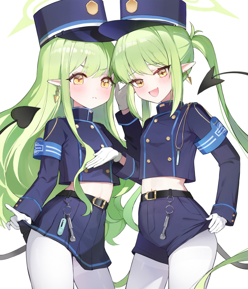 2girls absurdres belt black_belt black_hat black_jacket black_shorts black_skirt black_tail blue_archive blush buttons closed_mouth demon_tail double-breasted earrings fang gloves green_hair green_halo halo hat highlander_sidelocks_conductor_(blue_archive) highlander_twintails_conductor_(blue_archive) highres jacket jewelry long_hair long_sleeves multiple_girls navel open_mouth pantyhose peaked_cap pleated_skirt pointy_ears shorts simple_background skin_fang skirt smile tail white_background white_gloves white_pantyhose yellow_eyes zije