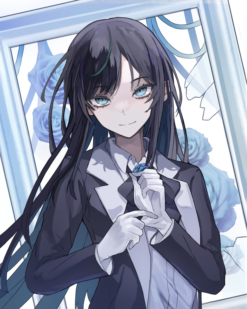 1girl absurdres ado_(utaite) black_bow black_bowtie black_coat black_hair blue_eyes blue_flower blue_rose bow bowtie chando_(ado) closed_mouth cloud_nine_inc coat collared_shirt commentary dress_shirt flower flower_brooch gloves highres long_hair long_sleeves looking_at_viewer mole mole_under_eye open_clothes open_coat rose shirt sidelocks solo suis_(suis022511) upper_body utaite white_gloves white_shirt