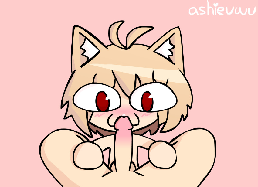 :3 ahoge animal_ears animal_humanoid ashieuwu balls between_legs big_eyes blonde_hair blush bodily_fluids digital_media_(artwork) duo felid felid_humanoid feline feline_humanoid female female_on_human first_person_view flat_chested genitals hair hi_res human human_on_humanoid human_pov humanoid imminent_oral inner_ear_fluff interspecies male male/female male_on_humanoid male_pov mammal mammal_humanoid melty_blood neco-arc nude owo penis red_eyes short_hair simple_background slim smile tsukihime tuft type-moon