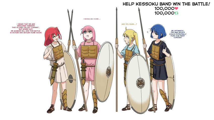 4girls absurdres alternate_costume aqua_eyes armor blonde_hair blue_hair bocchi_the_rock! breastplate english_commentary english_text gotoh_hitori greaves greco-roman_clothes head_tilt highres holding holding_polearm holding_weapon ijichi_nijika kita_ikuyo long_hair medium_hair mole mole_under_eye multiple_girls one_eye_closed open_mouth pilum pink_hair polearm red_eyes red_hair roman_clothes sandals shaded_face shield short_hair side_ponytail signature single_greave smile spear sweatdrop sword thumbs_up tunic very_long_hair weapon weebsteve white_background yamada_ryo yellow_eyes