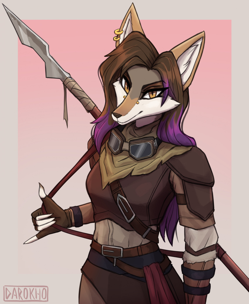 amber_eyes anthro armor belt bridge_piercing brown_body brown_fur brown_hair canid canine canis coyote darokho ear_piercing ear_ring eyewear facial_piercing female fur gesture goggles gradient_background hair hand_gesture hi_res looking_at_viewer mammal melee_weapon nose_piercing piercing pink_hair polearm ring_piercing shaka_sign signature simple_background smile smirk solo spear weapon