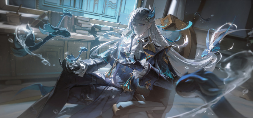 1boy ascot asymmetrical_bangs blue_brooch blue_eyes blue_hair book chair crossed_legs dutch_angle genshin_impact gloves highres indoors lapels light_blue_hair long_hair multicolored_hair neuvillette_(genshin_impact) peaked_lapels sitting solo streaked_hair very_long_hair water white_ascot white_hair yunmaojan