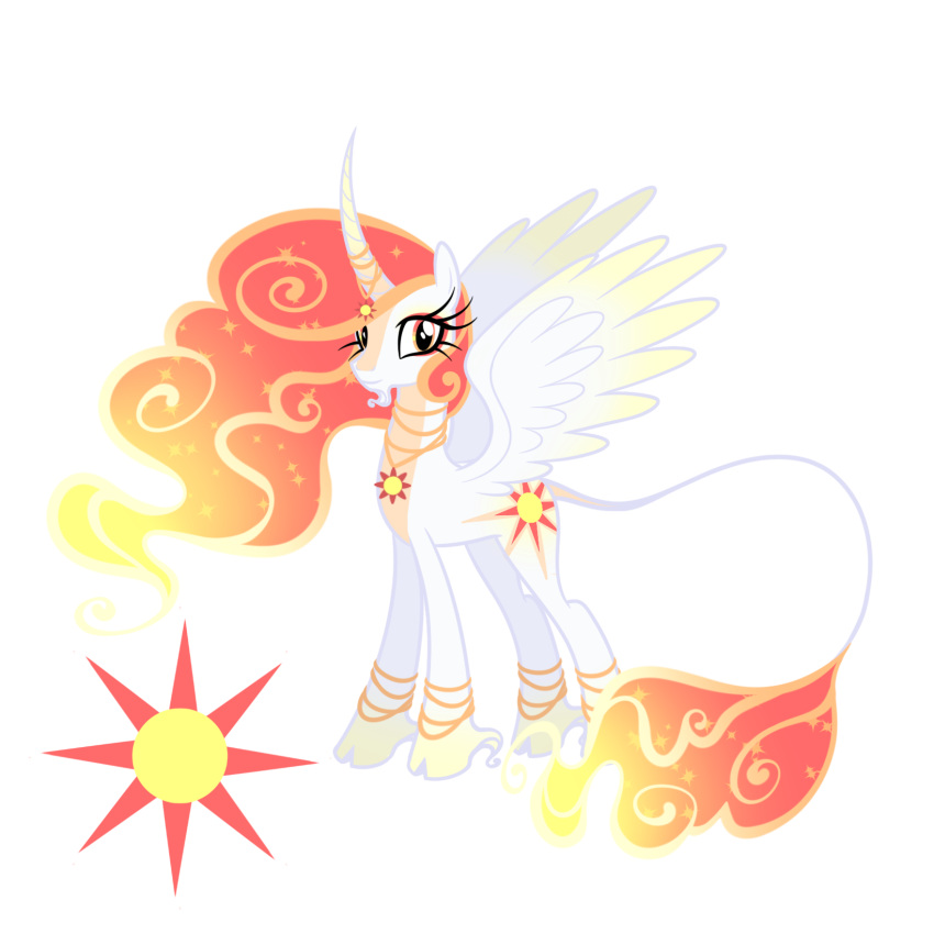 alternate_form ambiguous_gender ankle_tuft anklet bracelet cloven_hooves countershading cutie_mark dreamscreep equid equine eyelashes facial_hair feathered_wings feathers feral fire flaming_hair flaming_tail friendship_is_magic goatee hasbro hi_res hooves horn horn_jewelry jewelry leg_tuft mammal my_little_pony mythological_creature mythological_equine mythology orange_body orange_countershading princess_celestia_(mlp) pseudo_hair snout solo sparkles sun tail tail_tuft tuft unicorn_horn white_body winged_unicorn wings