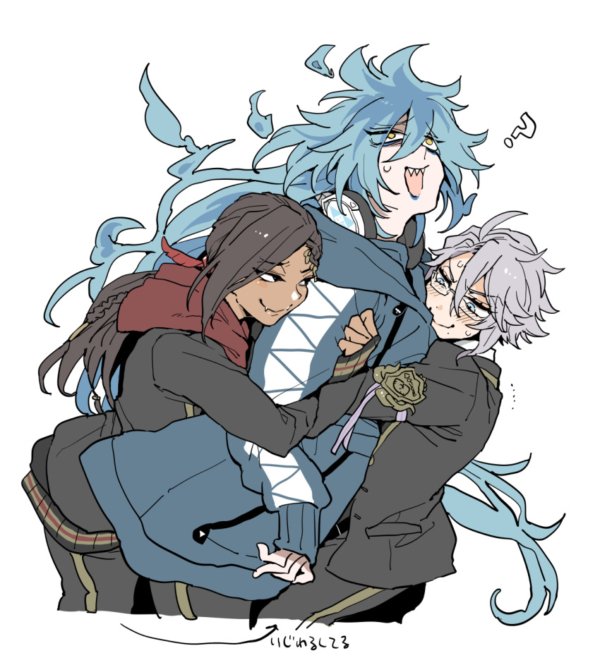 3boys ? ahoge arm_hug azul_ashengrotto black_hair blue_eyes blue_hair blue_jacket blue_lips blush dark-skinned_male dark_skin fang fiery_hair glasses grey_hair group_hug headphones headphones_around_neck highres hood hug idia_shroud isofu jacket jamil_viper long_hair mole mole_under_mouth multiple_boys night_raven_college_uniform open_mouth ponytail shaded_face sharp_teeth short_hair skin_fang smile stare_down teeth twisted_wonderland yaoi yellow_eyes