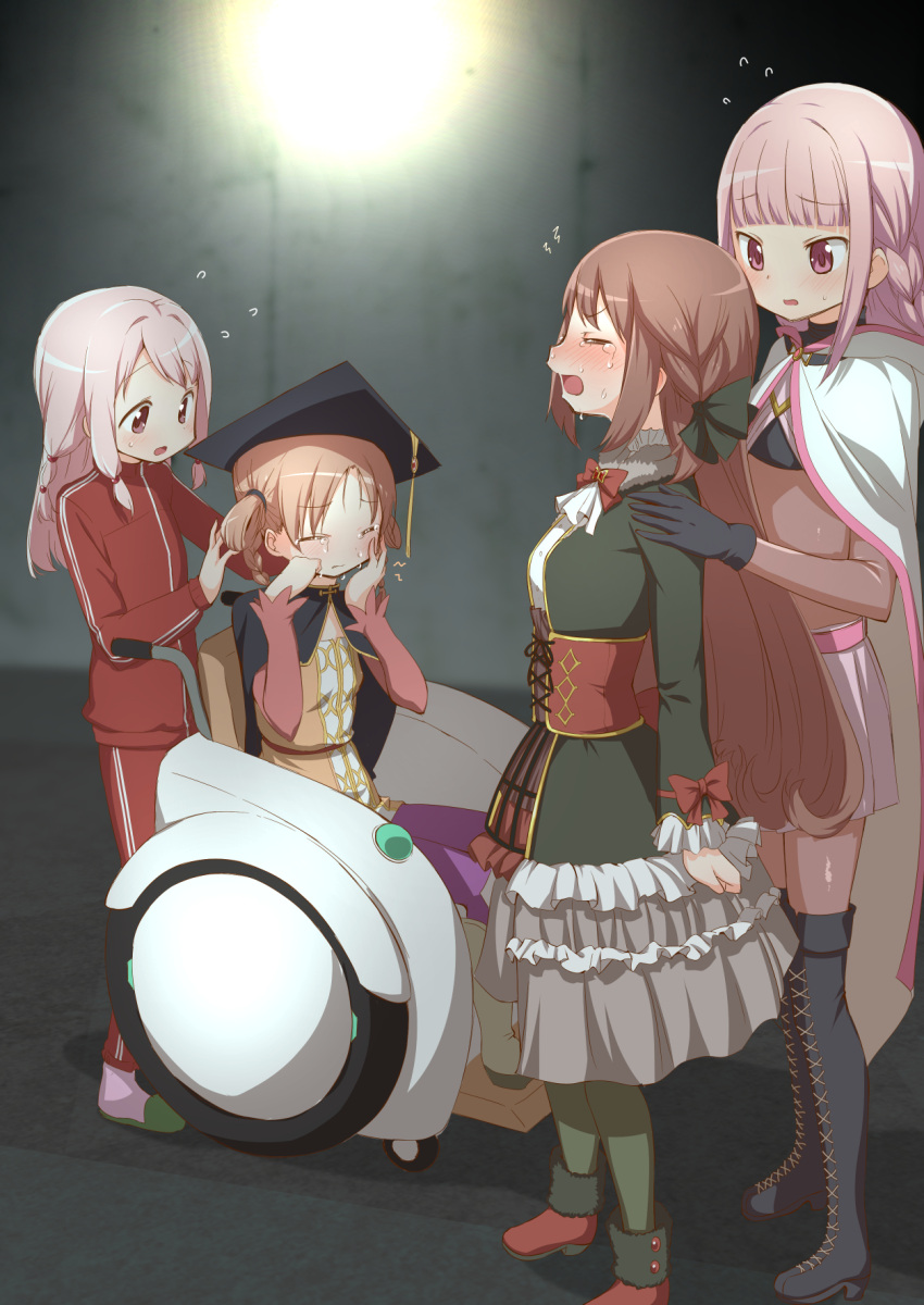 4girls abutomato blush boots braid brown_hair capelet cloak corset crop_top crying frilled_skirt frills hat highres hiiragi_nemu jacket light long_hair magia_record:_mahou_shoujo_madoka_magica_gaiden magical_girl mahou_shoujo_madoka_magica medium_hair mortarboard multiple_girls pantyhose pink_eyes pink_skirt satomi_touka shadow siblings sisters skirt slippers tamaki_iroha tamaki_ui tears track_jacket track_suit wheelchair white_cloak