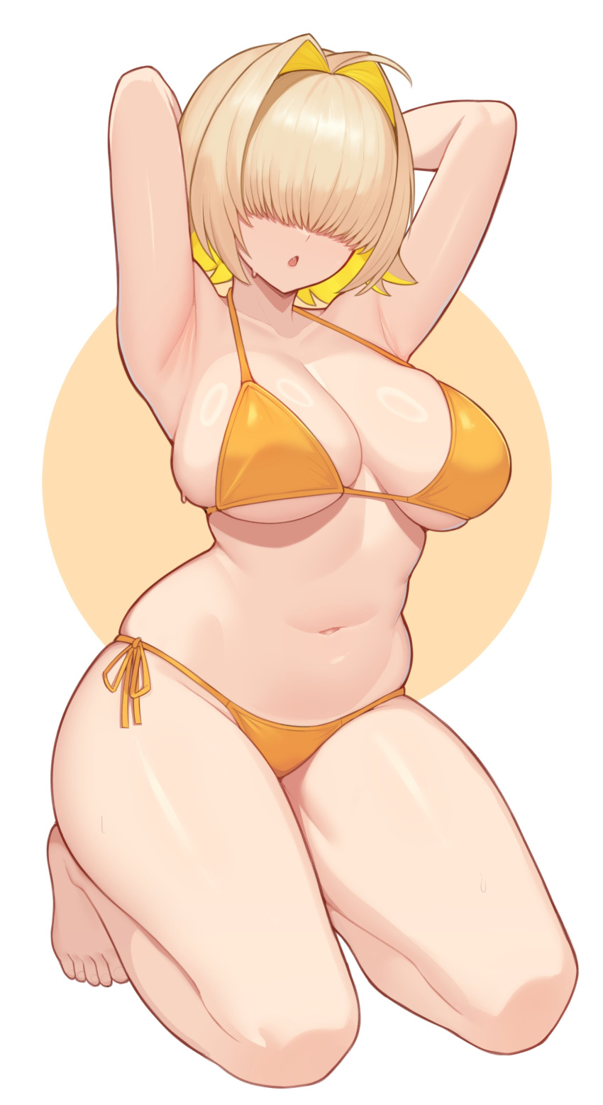 1girl absurdres ahoge armpits arms_behind_head bikini blonde_hair breasts covered_eyes elegg_(nikke) full_body goddess_of_victory:_nikke hair_intakes hair_over_eyes highres large_breasts moursho navel open_mouth orange_bikini short_hair side-tie_bikini_bottom sitting solo swimsuit white_background