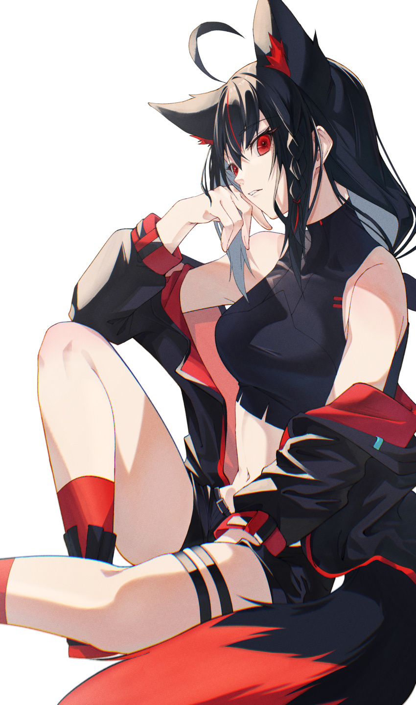 1girl absurdres ahoge animal_ear_fluff animal_ears arm_on_knee bare_shoulders black_bow black_footwear black_hair black_jacket black_shirt black_shorts bow braid breasts commentary crop_top fox_ears fox_girl fox_tail from_side hair_bow hand_on_own_cheek hand_on_own_face highres hololive jacket jacket_partially_removed knee_up kurokami_fubuki long_hair looking_at_viewer low_ponytail medium_breasts midriff multicolored_clothes multicolored_hair multicolored_jacket navel open_clothes open_jacket red_eyes red_footwear red_hair red_jacket red_socks saico_isshin shirt short_shorts shorts side_braid sidelocks simple_background sitting socks solo streaked_hair tail thigh_strap two-tone_footwear two-tone_jacket virtual_youtuber white_background