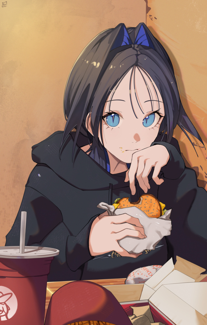 1girl absurdres alternate_costume black_hair black_hoodie blue_eyes blue_hair burger colored_inner_hair commentary eating english_commentary eyelashes food food_on_face highres holding holding_food hololive hololive_english hood hoodie indoors looking_at_viewer multicolored_hair o22no ouro_kronii pov_across_table short_hair slit_pupils solo virtual_youtuber wiping_mouth