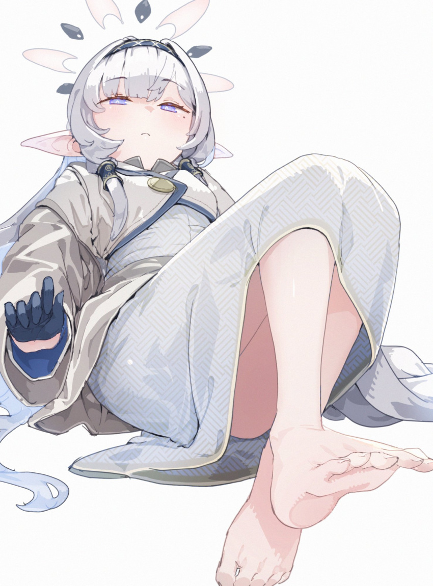 1girl ass barefoot black_gloves black_hairband blue_archive closed_mouth dress feet foot_focus foreshortening gloves grey_hair grey_halo hair_tubes hairband halo highres himari_(blue_archive) hoshi_umi jacket long_hair long_sleeves looking_at_viewer mole mole_under_eye pointy_ears purple_eyes sidelocks simple_background soles solo striped_clothes striped_hairband toes white_background white_dress white_jacket