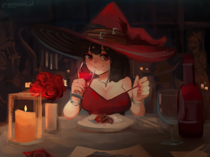 1girl alcohol black_hair bottle bouquet bracelet breasts candle cup drinking_glass flower food hat hat_belt highres holding holding_cup jewelry large_breasts large_hat multiple_bracelets naughty_face necklace original painting_(object) plate red_eyes red_nails red_tank_top ring short_hair smile souperior spaghetti_strap strap_pull table tank_top wine wine_bottle wine_glass witch_hat