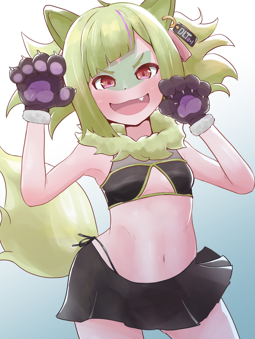 &gt;:) absurdres animal_ears animal_hands black_skirt blue_background blunt_bangs breasts cleavage_cutout clothing_cutout delutaya dot_nose ear_tag facial_mark fang fur-trimmed_gloves fur_collar fur_trim gloves gradient_background green_hair green_tail highres ksatorium531 looking_at_viewer medium_hair miniskirt navel parted_bangs paw_gloves paw_pose red_eyes see-through see-through_skirt side-tie_peek sidelocks simple_background skirt small_breasts smile v-shaped_eyebrows