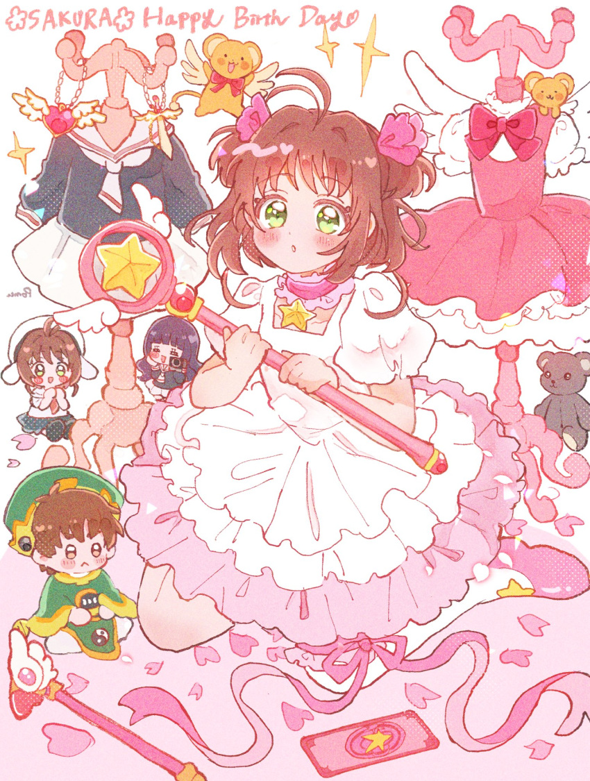 1boy 2girls :&lt; antenna_hair black_hair blush brown_hair cardcaptor_sakura chibi clothes clow_card full_body green_eyes highres holding holding_wand kero_(cardcaptor_sakura) kinomoto_sakura li_syaoran long_hair looking_at_viewer magical_girl multiple_girls parted_lips school_uniform short_hair shortcake_p stuffed_animal stuffed_toy teddy_bear tomoeda_elementary_school_uniform wand