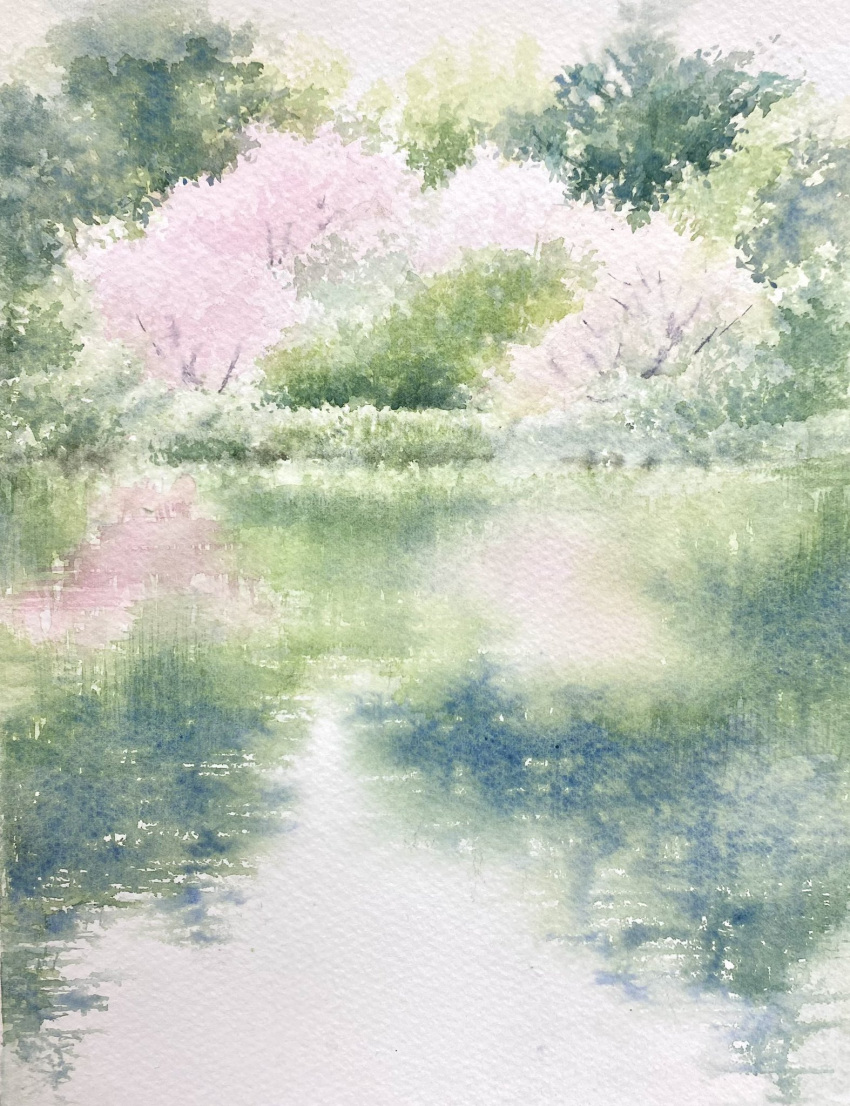 bush day grasslands highres lake original painting_(medium) reflection reflective_water scenery sunlight traditional_media tree water watercolor_(medium) yu_grassbird