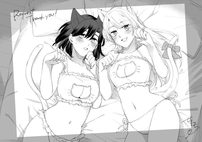 2girls absurdres animal_ears breasts cat_ears cat_lingerie commission highres irene_(ricky_barnes) jewelry large_breasts maya_(ricky_barnes) meme_attire monochrome multiple_girls navel on_bed original paw_pose ribbon ring sekihara_umina skeb_commission stomach tail tail_ornament tail_ribbon wedding_ring