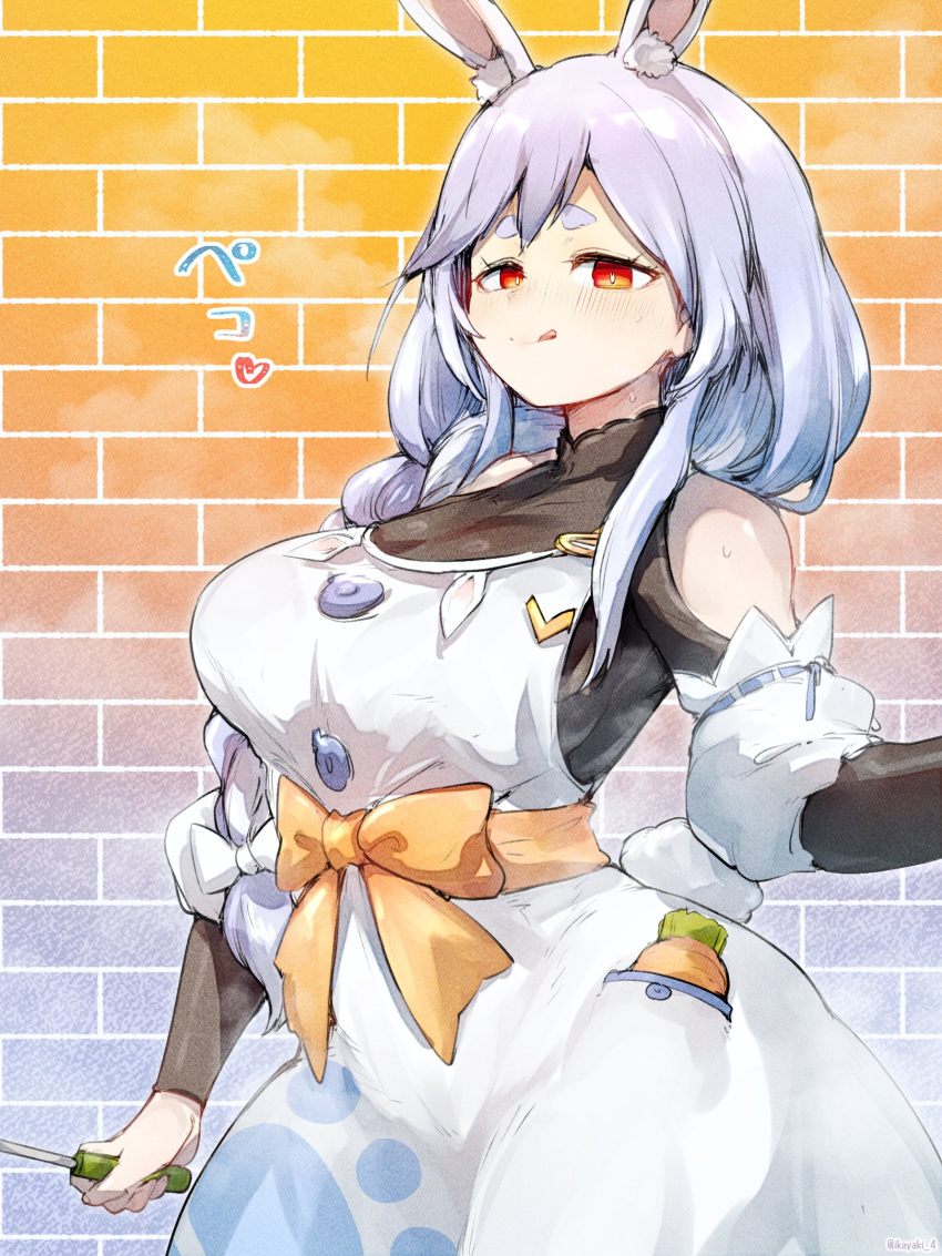 1girl animal_ear_fluff animal_ears apron black_bodysuit blue_hair bodysuit breasts carrot_in_pocket cleavage detached_sleeves highres holding holding_screwdriver hololive ikayaki_(ikayaki4) large_breasts long_hair looking_at_viewer mature_female orange_eyes pekomama rabbit-shaped_pupils rabbit_ears rabbit_girl rabbit_tail screwdriver short_eyebrows smile solo symbol-shaped_pupils tail tongue tongue_out virtual_youtuber white_apron white_hair white_sleeves