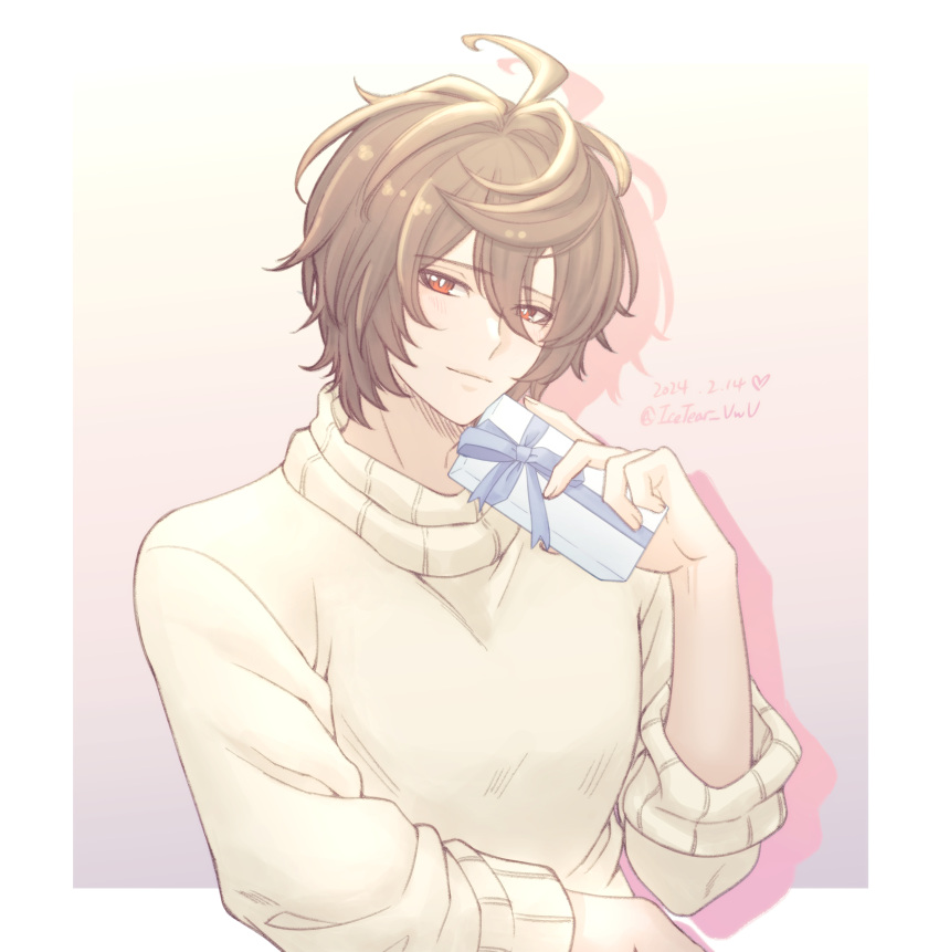 1boy 2024 absurdres ahoge artist_name blush box commentary_request dated drop_shadow gift gift_box gradient_background granblue_fantasy hair_between_eyes heart highres holding holding_gift icetear looking_to_the_side male_focus messy_hair red_eyes ribbed_sweater sandalphon_(granblue_fantasy) short_hair signature solo sweater turtleneck turtleneck_sweater twitter_username upper_body valentine white_sweater