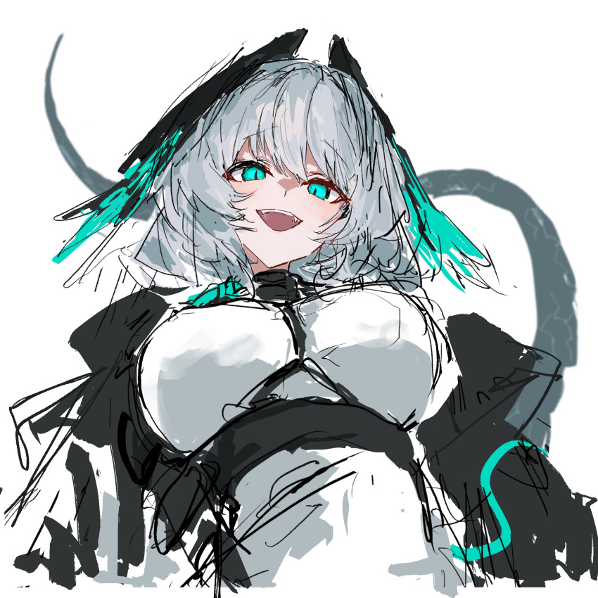 1girl absurdres aqua_eyes arknights between_breasts black_coat breasts coat dress head_wings highres ho'olheyak_(arknights) long_tail looking_at_viewer open_mouth simple_background smile snake_tail solo tail teeth upper_body upper_teeth_only w4_avn white_background white_dress white_hair wings
