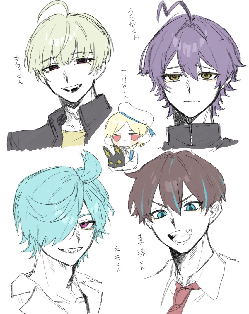 5boys absurdres ahoge akoya_matama anemo_nemo araga_kiwi blonde_hair blue_eyes brown_hair collared_shirt fang gakuran genderswap genderswap_(ftm) green_hair hat highres hiiragi_utena jitome light_frown mahou_shoujo_ni_akogarete mole mole_under_eye morino_korisu multicolored_hair multiple_boys necktie nervous purple_hair red_eyes red_necktie ribbon saiki_(mumei_912) school_uniform sharp_teeth shirt smile streaked_hair teeth translation_request venalita yellow_eyes