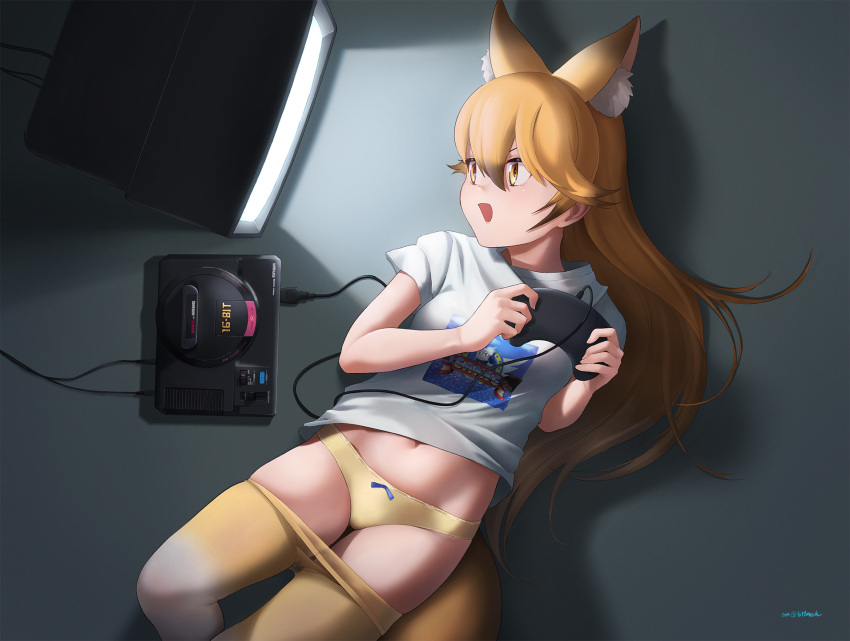 1girl animal_ears beleven blonde_hair bow bow_panties breasts controller crt extra_ears ezo_red_fox_(kemono_friends) fox_ears fox_tail game_console game_controller hair_between_eyes highres kemono_friends long_hair lying medium_breasts on_back open_mouth panties pantyhose sega_mega_drive shirt smile solo tail underwear