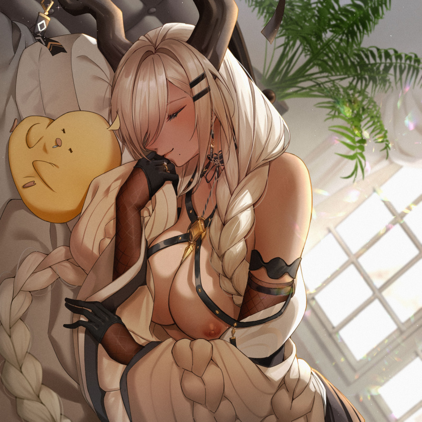 1girl alice_(mcaredor) azur_lane black_gloves black_horns blonde_hair braid breasts breasts_out cleavage dark-skinned_female dark_skin dutch_angle earrings elbow_gloves fishnet_gloves fishnets gloves hair_ornament hair_over_one_eye hairclip highres horn_ornament horns indoors jewelry large_breasts large_horns long_hair low_twin_braids manjuu_(azur_lane) mixed-language_commentary nipples owari_(azur_lane) plant potted_plant ring sleeping solo twin_braids undersized_breast_cup very_long_hair wedding_ring window