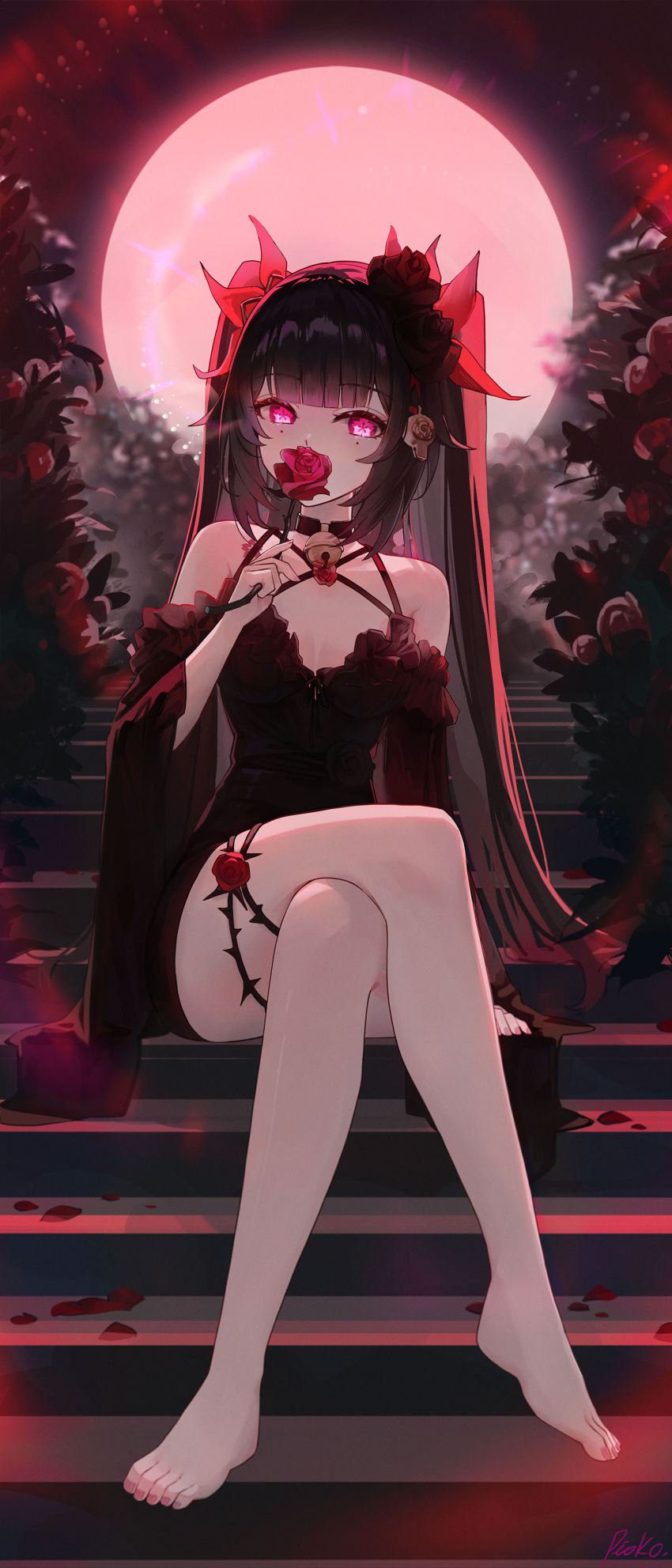 1girl absurdres bare_legs barefoot bell black_choker black_dress black_hair choker commentary crossed_legs dress feet flower highres holding holding_flower honkai:_star_rail honkai_(series) long_hair long_sleeves looking_at_viewer nail_polish neck_bell pink_eyes pistachiocream red_flower red_rose rose sitting solo sparkle_(honkai:_star_rail) stairs thorns toenail_polish toenails toes twintails very_long_hair