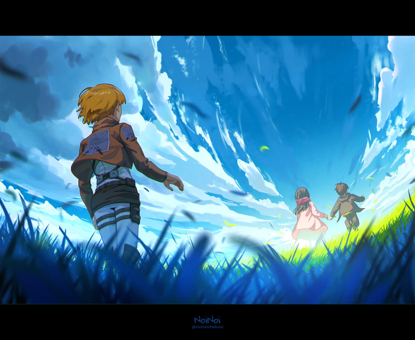 1girl 2boys armin_arlert artist_name black_border black_hair blonde_hair blurry blurry_foreground border brown_jacket cardigan cloud cloudy_sky cropped_jacket dress eren_yeager facing_away falling_petals grass grey_jacket highres jacket letterboxed long_dress long_hair long_sleeves looking_at_another mikasa_ackerman multiple_boys noinoichebura outdoors pants petals pink_cardigan red_scarf running scarf shingeki_no_kyojin short_hair sky thigh_strap twitter_username white_dress white_pants yellow_petals