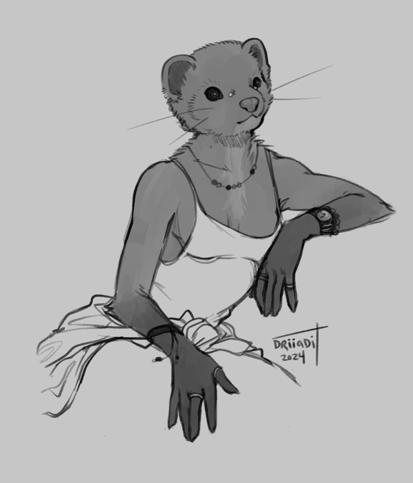 2024 anthro bridge_piercing clothing driiadi facial_piercing female hi_res jewelry mammal mink mustelid musteline nose_piercing piercing shirt solo tank_top topwear true_musteline