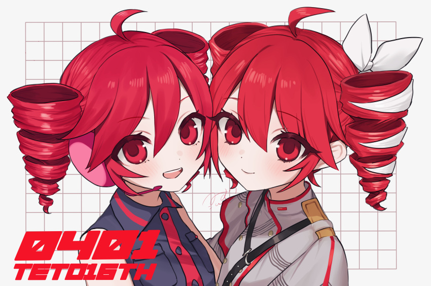 2girls absurdres ahoge black_shirt closed_mouth collared_shirt commentary_request drill_hair dual_persona flat_chest grey_jacket hair_between_eyes hair_ribbon highres jacket kasane_teto kasane_teto_(sv) multiple_girls nekoma_mimu open_mouth pink_headphones red_eyes red_hair red_trim ribbon shirt sleeveless sleeveless_shirt smile synthesizer_v twin_drills utau white_ribbon