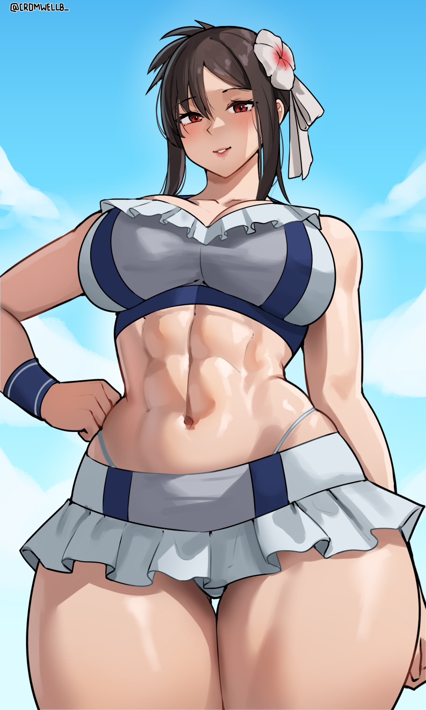 1girl abs absurdres beach bikini blue_sky blush breasts brown_hair cromwellb final_fantasy final_fantasy_vii final_fantasy_vii_rebirth final_fantasy_vii_remake flower hair_flower hair_ornament hand_on_own_hip highres large_breasts legs_together long_hair looking_at_viewer muscular muscular_female navel red_eyes sky smile stomach sweatband swimsuit thick_thighs thighs tifa_lockhart tifa_lockhart_(shining_spirit) toned