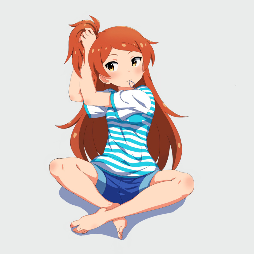 1girl bare_legs blue_shorts blush breasts dot_nose grey_background hair_tie_in_mouth hands_in_own_hair high_side_ponytail highres idolmaster idolmaster_million_live! idolmaster_million_live!_theater_days indian_style long_hair mouth_hold nejime_(nejimeinu) ogami_tamaki orange_hair parted_bangs shadow shirt shorts sidelocks simple_background sitting small_breasts solo striped_clothes striped_shirt very_long_hair yellow_eyes