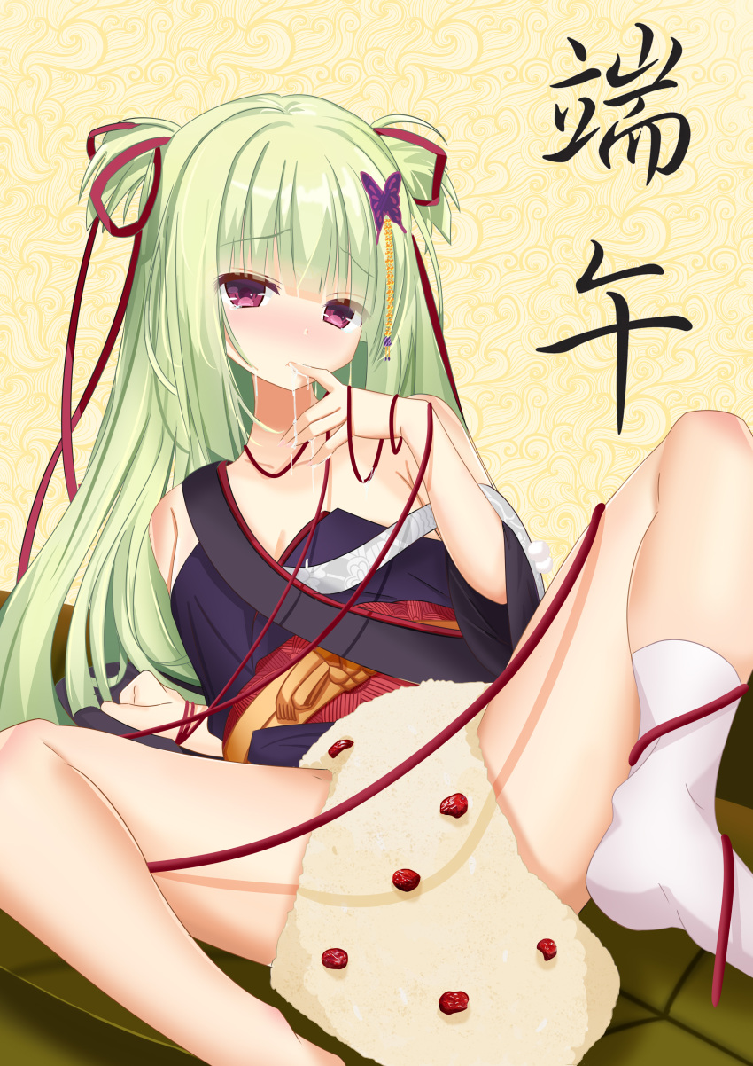 1girl absurdres accident arm_support bare_shoulders black_kimono black_socks blunt_bangs blunt_ends blush breasts butterfly_hair_ornament chinese_commentary cleavage collarbone commentary_request dragon_boat_festival finger_in_own_mouth food foot_out_of_frame fruit green_hair hair_ornament hair_ribbon hand_up highres japanese_clothes kimono leaning_back long_hair long_ribbon long_sleeves murasame_(senren) no_shoes nose_blush pink_nails pom_pom_(clothes) red_eyes red_ribbon red_sash ribbon sash senren_banka sidelocks simple_background sitting small_breasts socks solo spread_legs straight_hair suggestive_fluid tears translation_request two_side_up user_nmzx3887 very_long_hair wide_sleeves yellow_background
