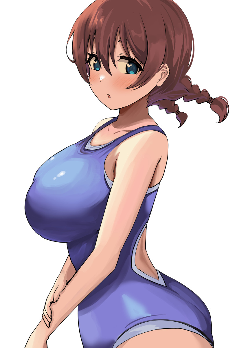 1girl :o absurdres ass back_cutout blue_eyes braid breasts brown_hair clothing_cutout collarbone commentary crossed_arms emma_verde heart heart-shaped_pupils highres large_breasts looking_at_viewer love_live! love_live!_nijigasaki_high_school_idol_club one-piece_swimsuit pisagi profile school_swimsuit simple_background solo swimsuit symbol-shaped_pupils twin_braids two-tone_swimsuit white_background