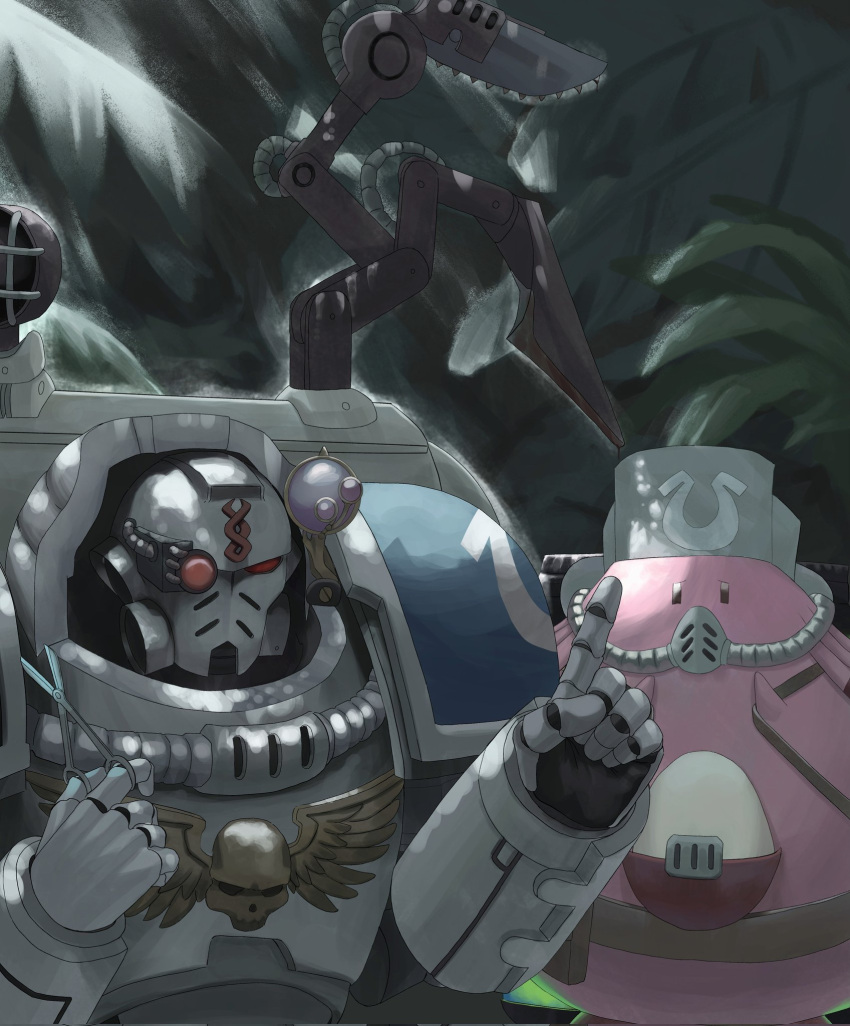 1boy adeptus_astartes armor chansey egg english_commentary helmet highres holding holding_scissors jungle nature nijik outdoors pauldrons pokemon pokemon_(creature) science_fiction scissors shadow shoulder_armor space_marine ultramarines warhammer_40k