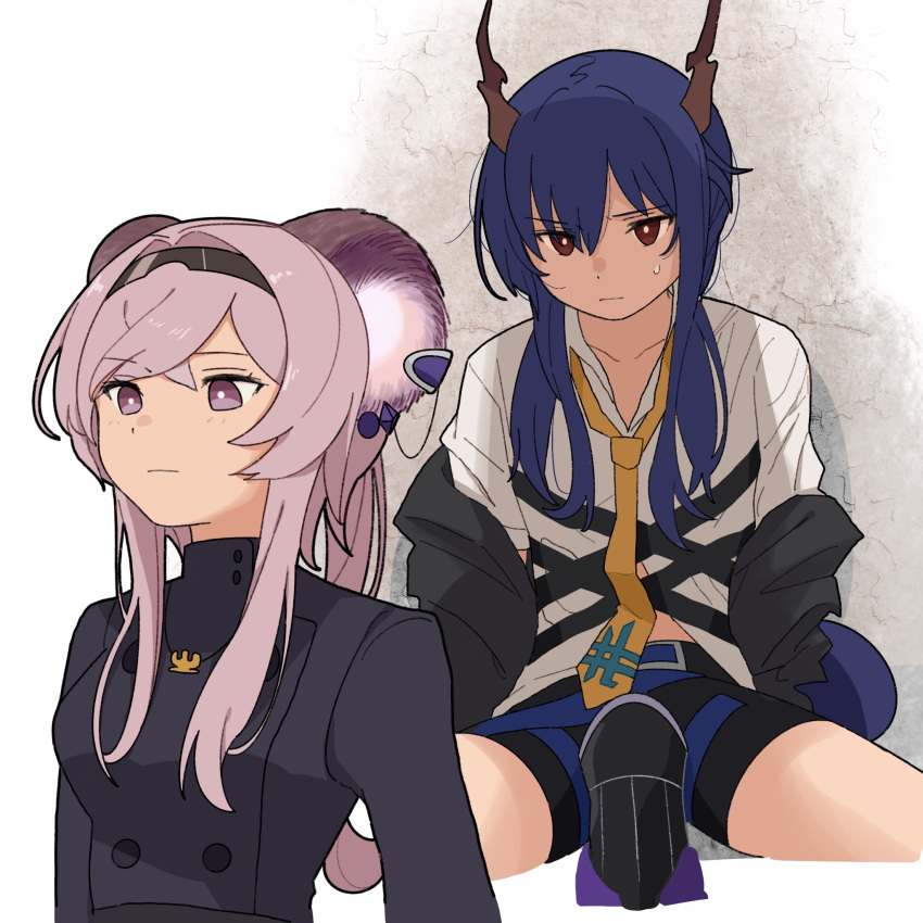 2girls animal_ears arknights black_shorts blue_hair ch'en_(arknights) collared_shirt commentary_request dragon_girl dragon_horns foot_on_pussy highres horns lin_(arknights) long_hair mouse_ears mouse_girl multiple_girls necktie pe3075 purple_eyes purple_hair red_eyes shirt shorts simple_background twintails white_background white_shirt yellow_necktie