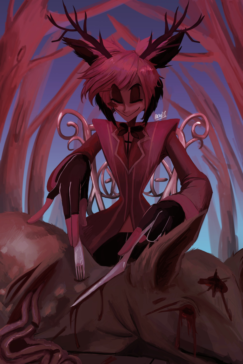 absurdres alastor_(hazbin_hotel) animal_ears antlers bow bowtie cannibalism crazy_smile dead_animal deer dinner forest fork guro hazbin_hotel highres holding holding_fork horns implied_cannibalism intestines kitchen_knife mondstein_chan monocle nature no_eyes red_hair reindeer_antlers smile