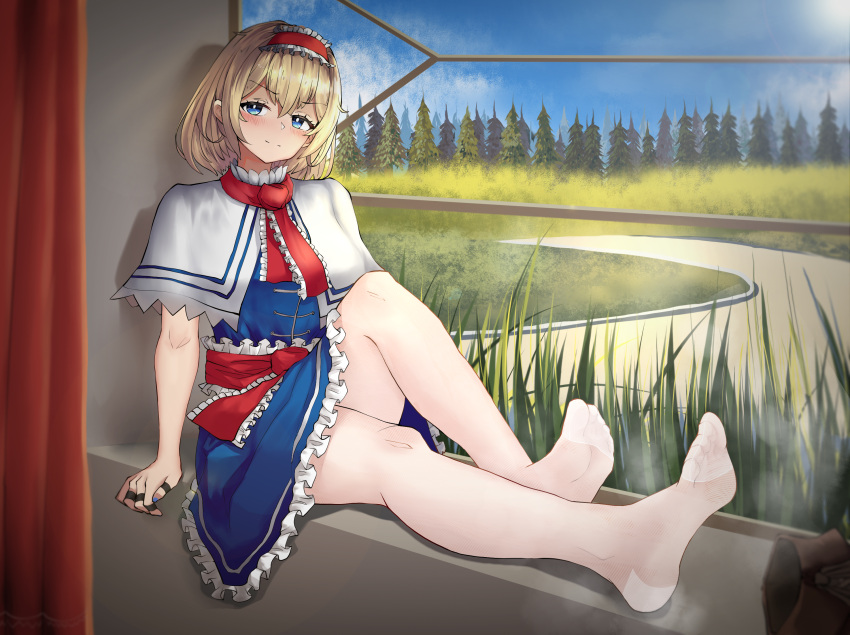 1girl alice_margatroid ascot blonde_hair blue_eyes blue_nails blue_sky boots capelet cloud curtains day dress feet frilled_dress frilled_hairband frills grass hairband hakurei_fling highres jewelry knees legs nail_polish no_shoes pantyhose path red_ascot red_hairband ring shoes sitting sitting_in_window sky soles solo steaming_body tall_grass toes touhou tree unworn_boots unworn_shoes white_capelet white_pantyhose