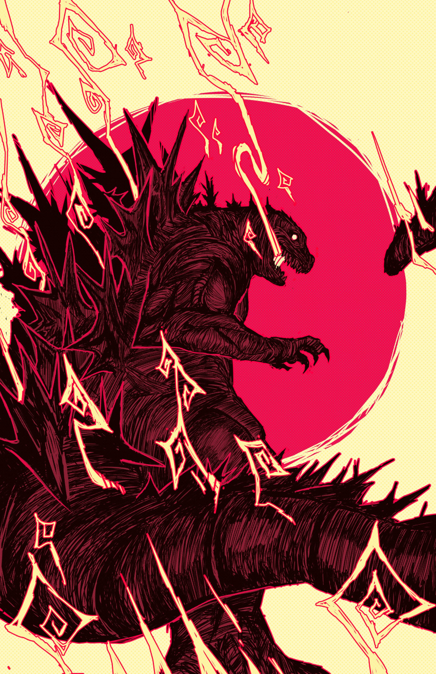 absurdres blank_eyes claws colored_sclera english_commentary full_body genc godzilla godzilla_(series) hands_up highres limited_palette looking_at_viewer looking_back monster no_humans open_mouth red_sun sharp_teeth solo spines standing tail teeth yellow_background yellow_sclera